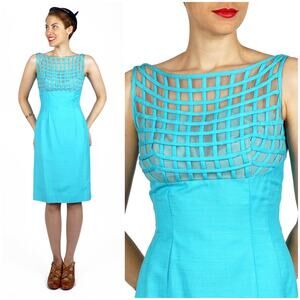 Vintage 1960s Aqua Blue Wiggle Dress Lattice Illusion Bodice Lilli Diamond | S